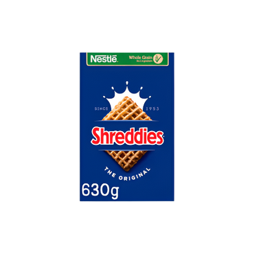 Nestlé Shreddies Original Cereal 630g box – whole grain breakfast squares rich in fibre and iron